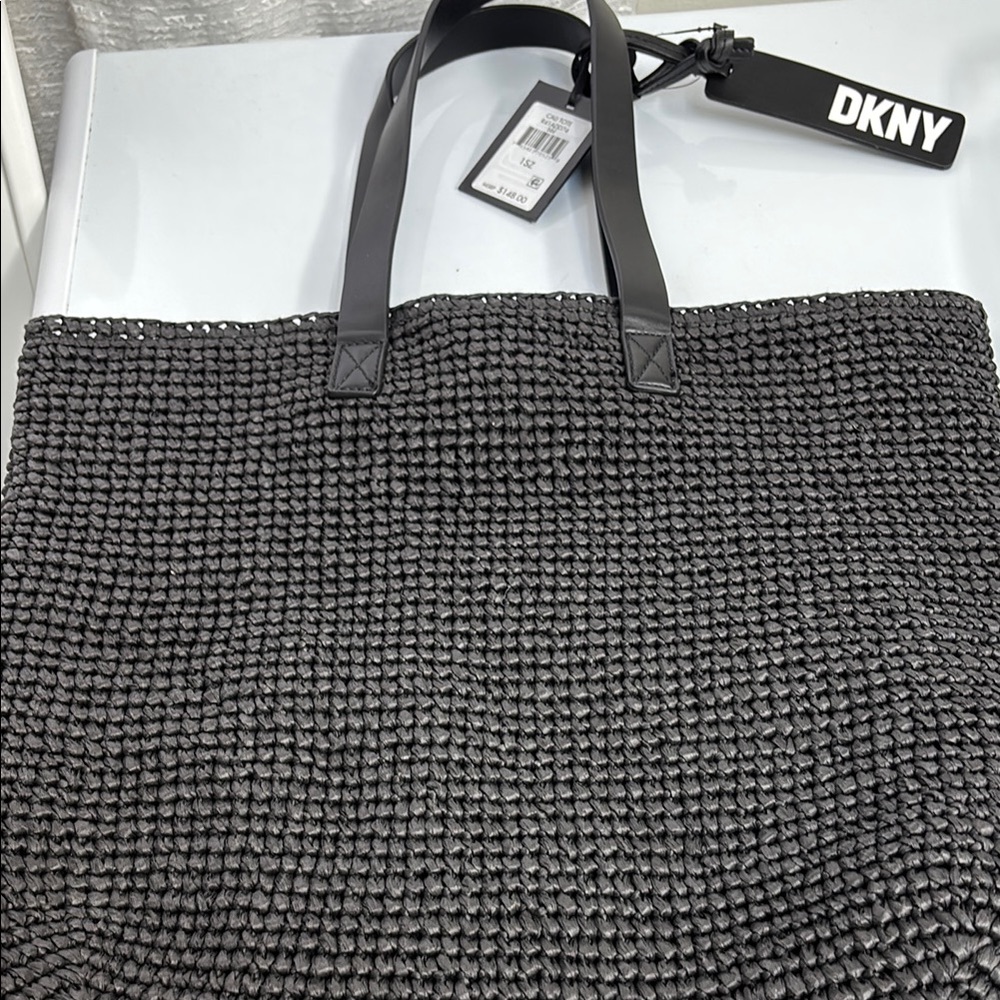 DKNY Black Textured Tote Bag with Leather Handles